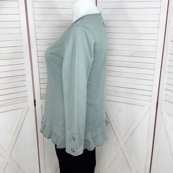 Wild Palms Ruffled Layered Hem Buttons Tunic Top Sage Green Large Cottagecore - Picture 2 of 12